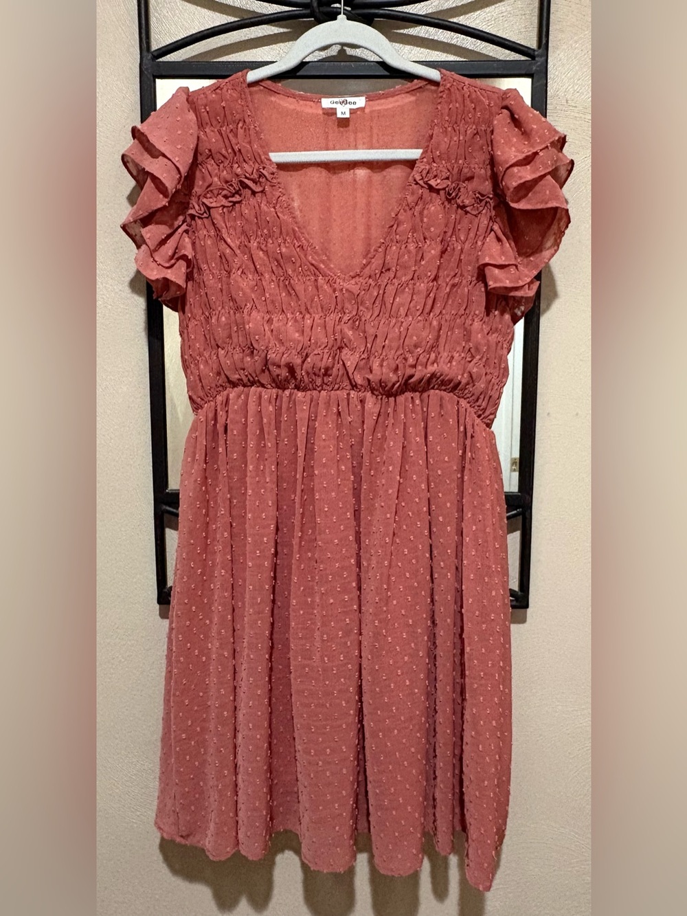 GeeGee Crinkle V-Neck Ruffle Sleeve Dress in Dusty Rose